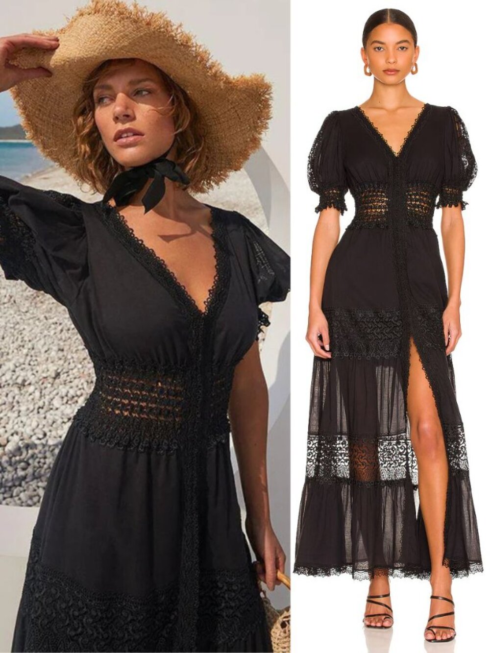 Charo Ruiz Clemence Dress Black V Neck Long Eyelet Puff Sleeve Maxi Size L - Picture 2 of 11